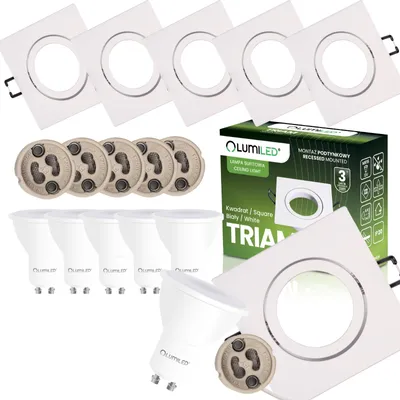 Zdjęcie produktu dla LUMILED Zestaw 6 wpuszczanych reflektorów LED GU10 6W Ciepły biały 3000K Obrotowy 85mm Ultra płaski Aluminiowy Kątowy Biały Matowy 230V W zestawie gniazdo GU10 Wpuszczane lampy sufitowe do salonu Kuchnia