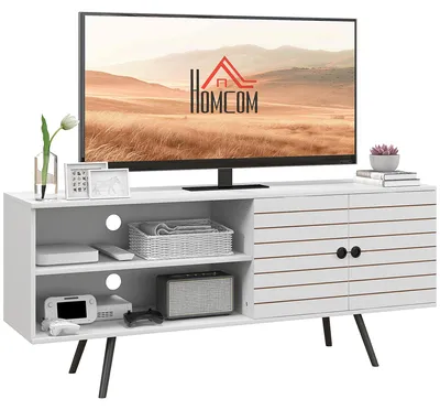 Image de Meuble TV pour tšŠlšŠvision jusqu'š€ 65 pouces avec 2 compartiments ouverts et 1 šŠtagššre ršŠglable 145x38x65 cm Blanc