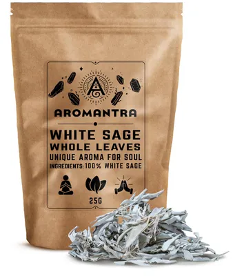 Produktbild von Aromantra - Weiße Salvia Räucherbündel 25g - Natur Räucherwerk Für Raumreinigung & Meditation - Würzig Süß - Aus Kalifornien