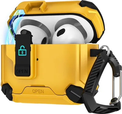 Zdjęcie produktu dla Etui ochronne na słuchawki Apple AirPods 4 Defender z karabińczykiem 360°, odporne na wstrząsy i uderzenia, kolor żółty
