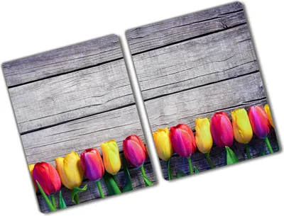 Produktbild von Tulup Glas Herdabdeckplatte - 2x40x52 cm - Glaskeramikkochfeld-Abdeckung Spritzschutz Glasabdeckplatte Kochplattenabdeckung und Schneidebrett - Zweiteilig - Blumen & Pflanzen - Tulpen Holz - Mehrfarbig