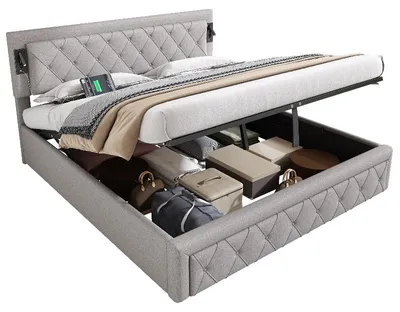 Immagine prodotto di Letto imbottito 180x200 cm, grigio, rivestito in lino, con spazio contenitore, illuminazione LED integrata e porta USB, ideale per la camera da letto