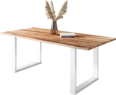 Produktbild von Baumkantentisch Akazie mit schwarzen Resin-Adern naturfarben 220 x 100 cm U-Gestell weiß POLLY