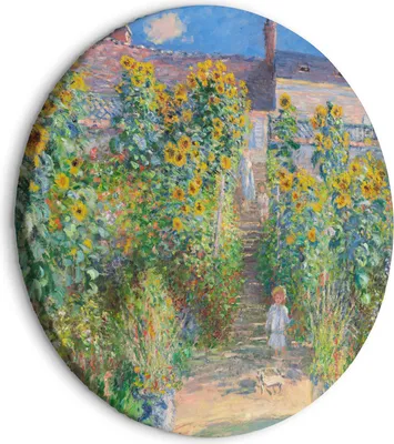 Produktbild von Italienischer Leinwand Rundes Bild - Claude Monet’s Garden at Vétheuil - Farmhouse With Sunflowers 80x80 cm Reproduktionen l-G-10026-bc-a
