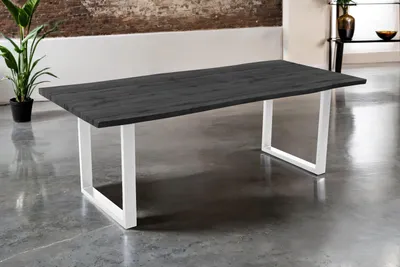 Produktbild von Esstisch 220x100 cm Baumkante Holz Grau-Optik U-Gestell Metall weiß JOSY