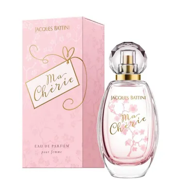 A bottle of Jacques Battini Ma Cherie Eau de Parfum and its pink packaging are displayed against a white background.