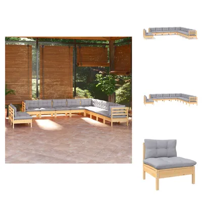 Produktbild von vidaXL 11-tlg. Garten-Lounge-Set mit Grauen Kissen Massivholz Kiefer -  Gartenmöbel-Sets