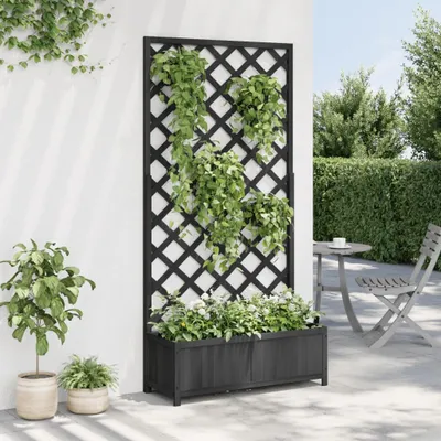 A black wooden planter box with a trellis is filled with green plants and white flowers, set against a white wall and a green hedge. A table and chair are visible in the background.
