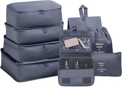 Image de Accessoires de voyage : lot de 8 pochettes de voyage imperméables, organiseur de voyage, gris
