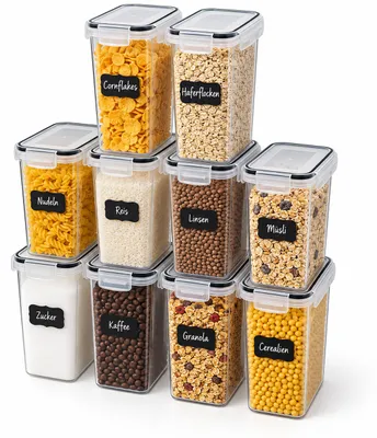 Produktbild von Relaxdays Vorratsdosen, 10er Set, 2 l, luftdichter Deckel, Klickverschluss, Etiketten, Frischhaltedosen, transparent, KI-generiertes Bild