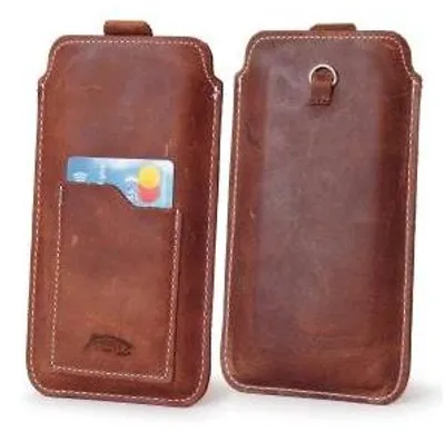 Produktbild von Universal Leder Handyhülle zum Einstecken LURESKO ASTER XXXL, mit Öse für Handykette, für Handys von 6,5 bis 6,9 Zoll, Vintage-Braun mit weißer Naht