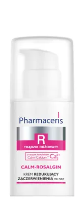 A white bottle of Pharmaceris R Calm-Rosalgin night cream with a pump dispenser.