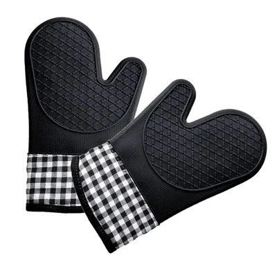 Immagine prodotto di Camerazar Guanti da cucina in silicone con polsini in cotone, neri, antiscivolo, struttura rinforzata, 29 x 18,5 x 16 cm