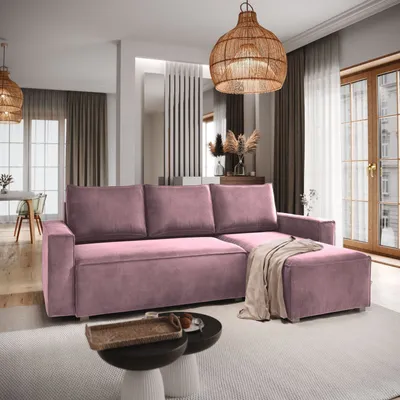 Zdjęcie produktu dla Masseno Narożnik SILES z funkcją spania i pojemnikiem na pościel Kształt L, Rozkładana sofa, Rogówka - Pudrowy róż, MONOLITH 62