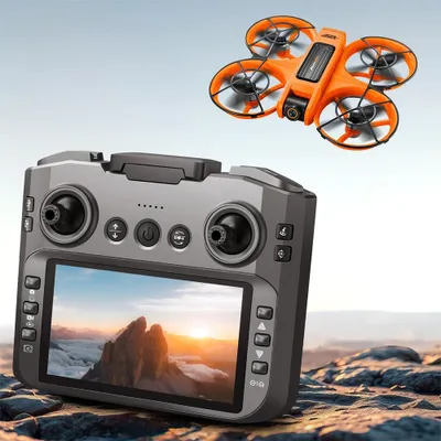 Produktbild von YLR/C S156 RC Drohne mit 4,9" LCD-Fernsteuerung, Dual-HD-Kamera, WLAN-FPV, Hindernisvermeidung, optischem Schwebeflug, LED & 2 Akkus, Grau