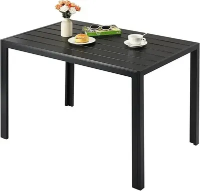 Image de Table d'extérieur - Table de jardin rectangulaire en aluminium - 110x70x73 cm - Plateau en lames de bois (7 lattes) - Pour 6 personnes - Noir
