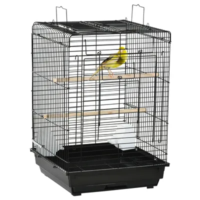 Produktbild von PawHut Vogelkäfig, Metall-Vogelkäfig, 40 x 40 x 59 cm, mit Klappdach, 2 Sitzstangen, 2 Futterstellen und herausnehmbarem Tablett für Kanariensittiche, Schwarz