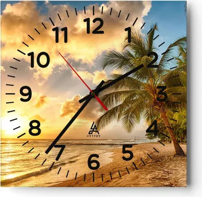 Produktbild von Wanduhr - Quadrat - Glasuhr - Strand Meer Palme - 30x30cm - Schleichendes Uhrwerk - Lautlos - zum Aufhängen bereit - Dekoration Modern - Wanddekoration aus Glas - C4AC30x30-3606