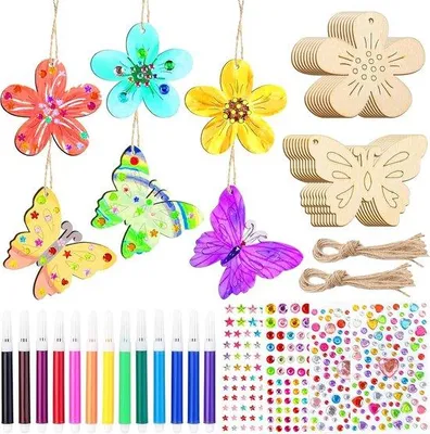 Produktbild von Famanu Bastelset 40 Teile Schmetterlinge und Blumen mit Aquarellstiften und Edelsteinstickern