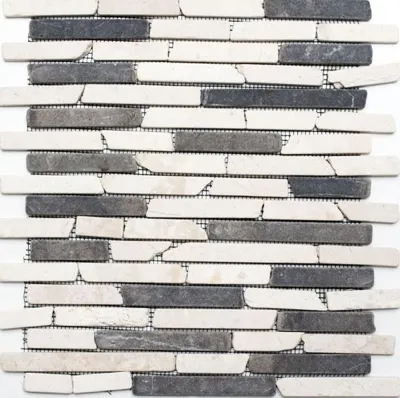 Produktbild von Mosaik Fliese Marmor Naturstein beige schwarz Brick BianconeJava MOS40-0115_f