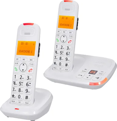 Produktbild von Bisofice Schnurloses, erweiterbares Telefonsystem mit 2 Mobilteilen und Anrufbeantworter, 3 Leitungen, Anrufer-ID-Anzeige, 50 Telefonbuchspeicher, Freisprechfunktion, Gegensprechanlage, Stummschaltung bei Konferenzgespraechen, eine Taste fuer die Audio-Boost-Funktion, 16 Sprachen fuer Buero, Geschaeft, Zuhause, Familie