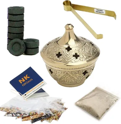 Produktbild von 5tlg. Räucherset Räucherschale Messing Starterpaket Weihrauch Kohle und Zange