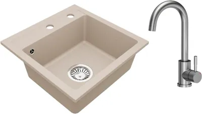 Produktbild von VBChome Granitspüle 44 x 44 cm Beige mit Armatur Einzelbecken Einbauspüle Gesprenkelt Pflegeleichtes Spülbecken mit Siphon Ideal für kleine Küchen