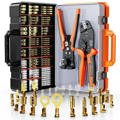 Immagine prodotto di Set di pinze per crimpatura, comprensivo di pinza spelafili e pinza per connettori a crimpare, per cavi da 0,5-2,5 mm² (AWG 22-13), con 590 connettori a crimpare