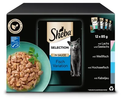 Image de Assortiment de sachets individuels SHEBA® en lot, variétés de poisson en sauce, 4 x 12 x 85 g