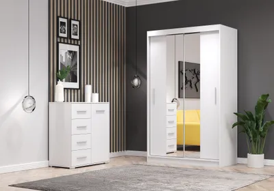 Produktbild von 2er-Set Schwebetürenschrank NEOMI 01 Kommode FRIDA MINI 01 Front - Weiß + Spiegel, Korpus - Weiß
