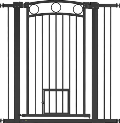Produktbild von 106 cm hohes Haustiergitter mit anpassbarer Breite, integrierte Katzentür, für Treppen und Türrahmen, Schwarz