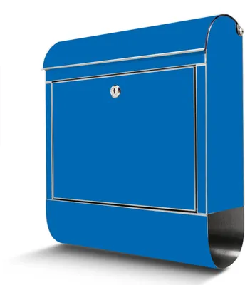 A blue mailbox with a silver trim and lock is shown against a white background.