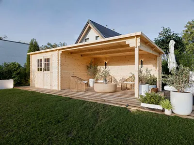 Produktbild von Gartenhaus Blockbohlenhaus CA2978 28 mm naturbelassen mit 4 m Anbau