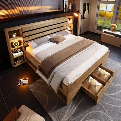 Produktbild von Doppelbett Massivholzbett 180×200 Eiche, Stauraumbett mit LED-Beleuchtung, USB-C, Stauraum-Kopfteil und Schubladen, Bettgestell mit Holzlattenrost