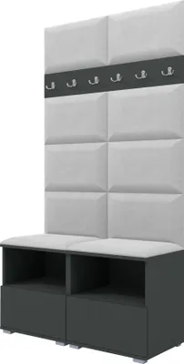 Obrázek produktu pro Šatní sestava Nela III, čalouněná šatní skříň se dvěma botníky, nástěnnými panely a věšáky (barva: grafit + trinity 32 (světle šedá))