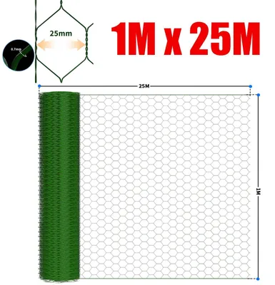 Immagine prodotto di Recinzione in rete metallica a maglie esagonali - Recinzione per giardino, ideale per conigli - Lunghezza 25 metri, larghezza 1 metro - Dimensione delle maglie: 2,5 cm - Rivestimento in PVC - Colore verde