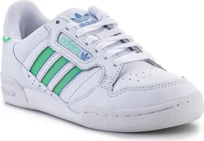 A white Adidas Continental 80 Stripes W sneaker with green and blue accents.