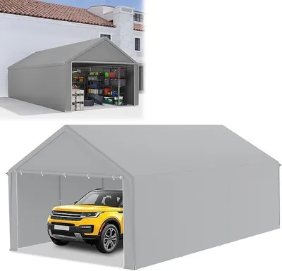 Image de Abri de voiture 4x8 mètres, type tente, avec parois latérales amovibles. Grande tente de garage, tente de stockage, protection UV, résistante au vent, adaptée à l'hiver, abri pour voiture, couleur grise