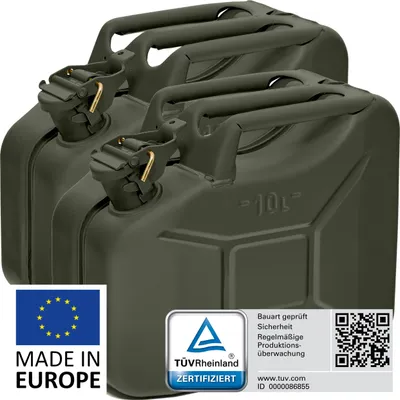 Produktbild von BW® Kraftstoffkanister Metall Benzinkanister 2x 10 Liter - Bronzegrün RAL 6031-F9 - UN-Zulassung - Hergestellt in Europa