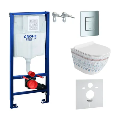 Produktbild von GROHE Vorwandelement Solido + Wand Hänge WC Sofi Slim Folklor Spülrandlos + WC-Sitz SoftClose | Verchromter Knopf | Komplettset | Unterputz Spülkasten |  Toilette Komplett Sett