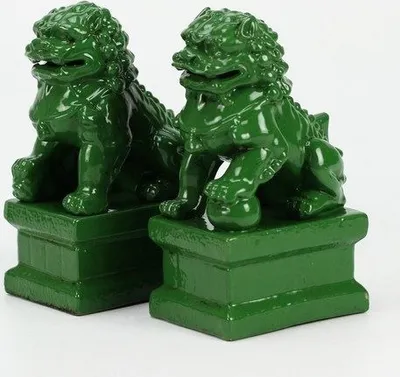 Produktbild von Fine Asianliving Chinesische Fu Hunde Tempelwächter Löwen Grün Set/2 Porzellan Handgefertigt B6xT8xH15cm