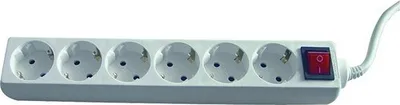 A white power strip with six sockets and a red on/off switch, isolated on a white background.