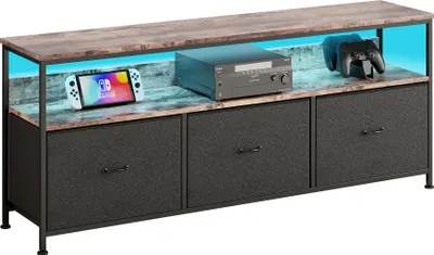 Produktbild von TV-Schrank, TV Board mit LED-Beleuchtung, 137 cm lang, Fernsehtisch mit 3 Stoffschublade und Offenen Fächern, 30 x 137 x 57 cm, Wohnzimmer
