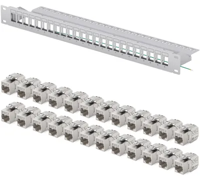 Produktbild von hb-digital Patchfeld 19 zoll 24-Port mit CAT 7 RJ45 Keystone Module grau 1HE