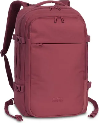 A studio shot of a red backpack against a white background.