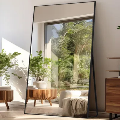 Image de Miroir mural pleine longueur, dimensions 204 x 104 cm, couleur noire, en alliage d'aluminium