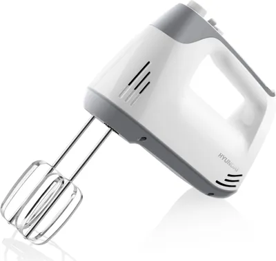 A white and gray Hyundai hand mixer with beaters attached, shown at an angle against a white background.