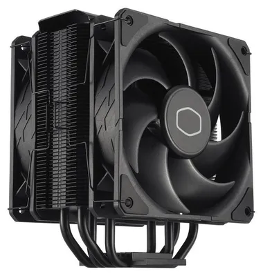 A close-up, studio shot of a black computer CPU cooler.