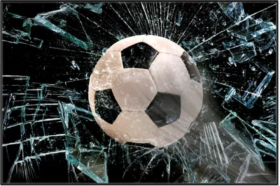 Produktbild von Wallario Wandbild Fußball - im Fenster, Splitter und Glas, Größe: 61 x 91,50 cm, Poster mit schwarzem Aluminiumrahmen