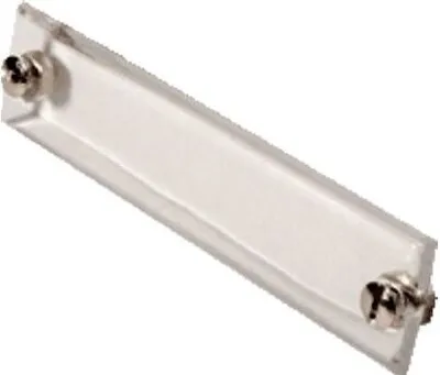 A clear product shot of a nameplate with two screws, against a white background.